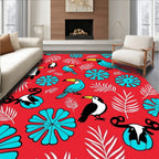 Tropical Toucan Blue Flower Red Whimsical Rug