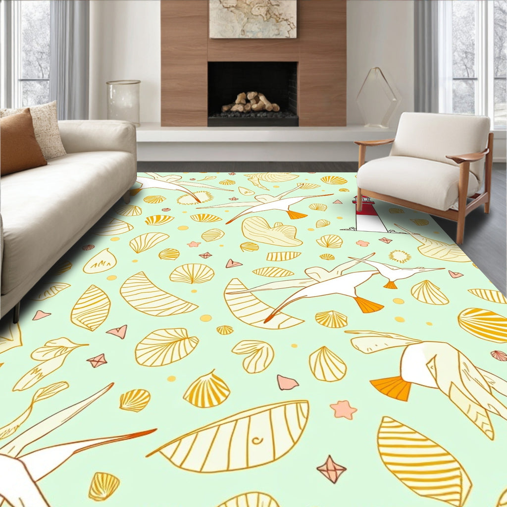 Seagulls Lighthouse Shells Seafoam Green Rug