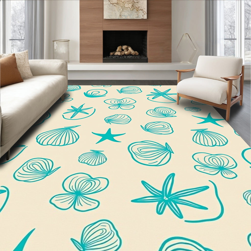 Teal Seashell Starfish All Over Rug