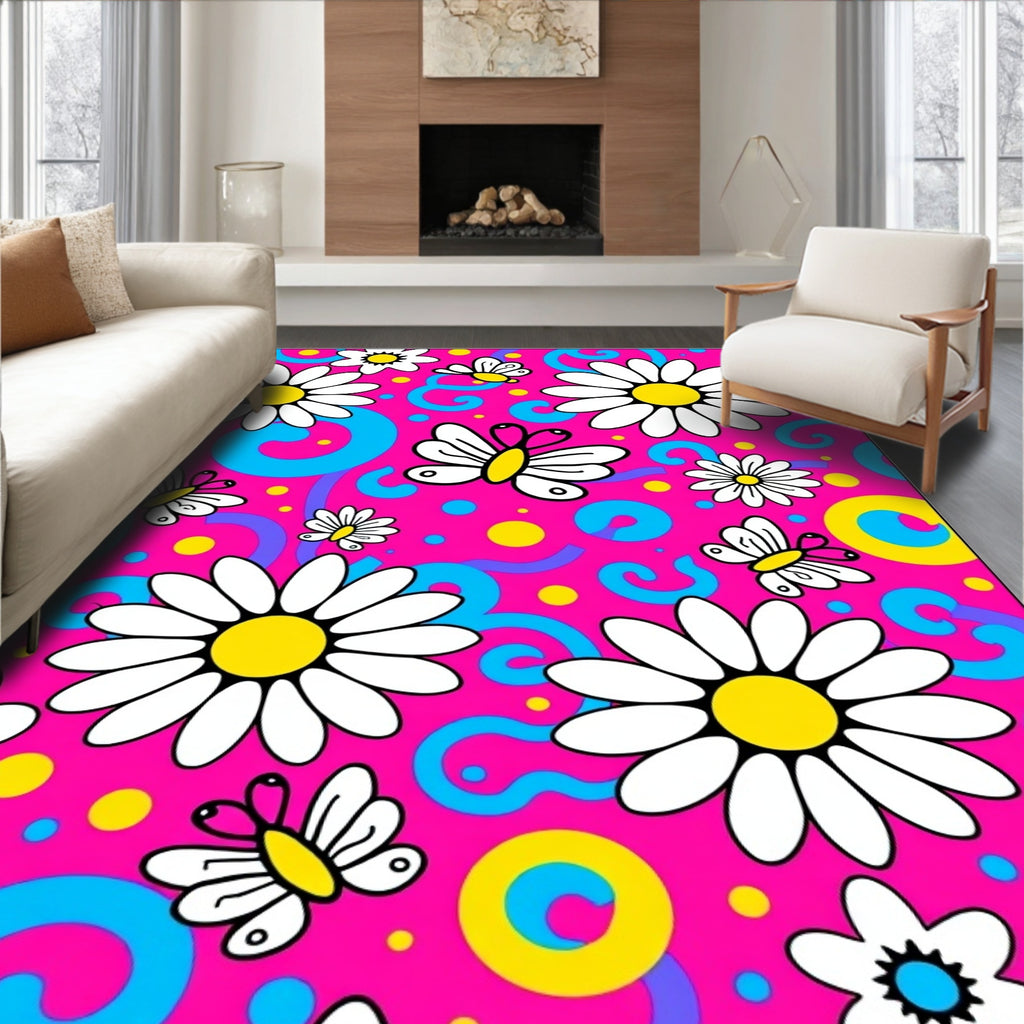 Vibrant Pink Daisy Butterfly Swirl Rug