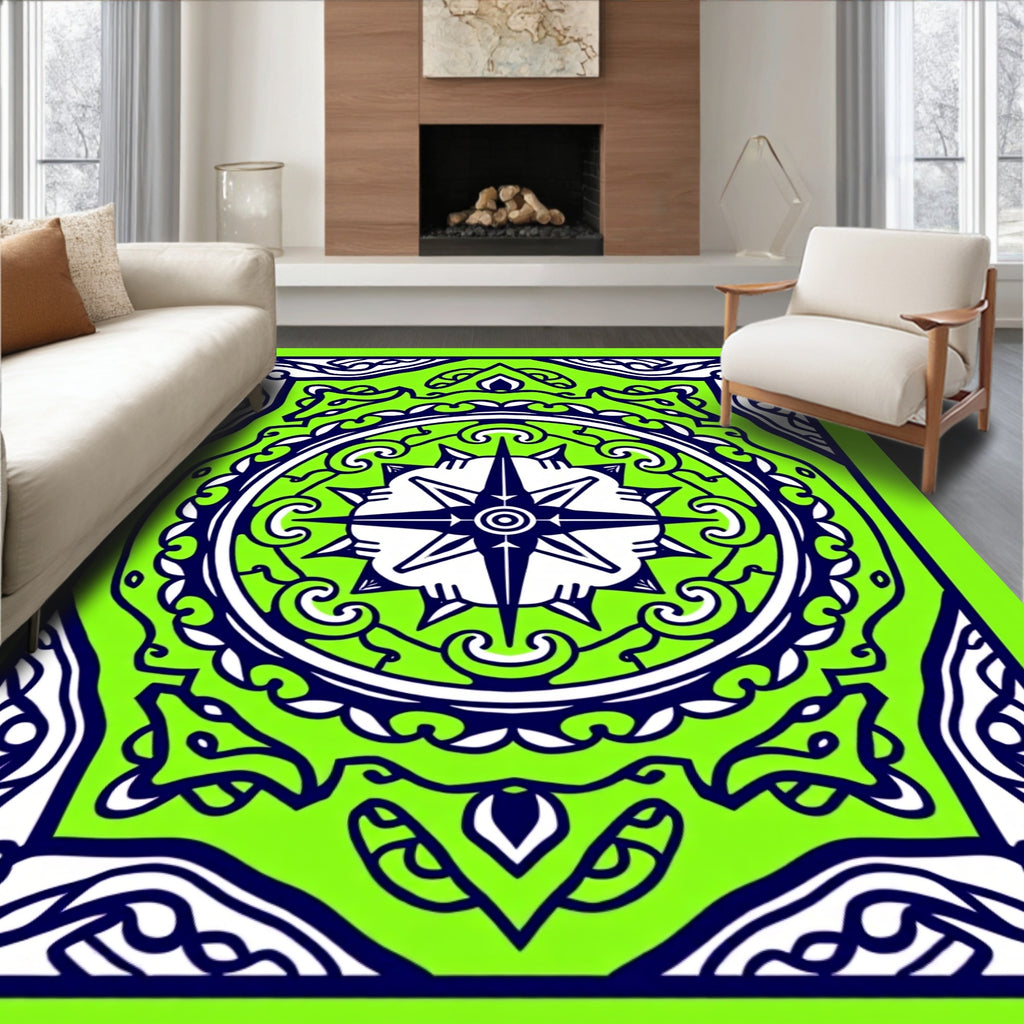 Lime Green Navy Compass Rose Mandala Rug
