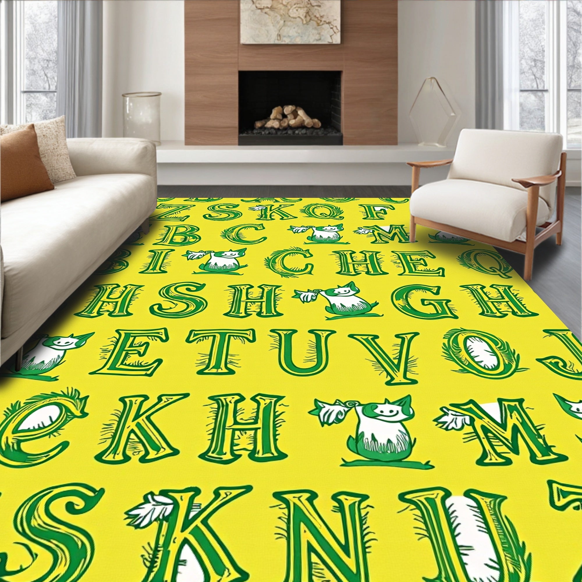 Green Alphabet On Yellow Background Rug