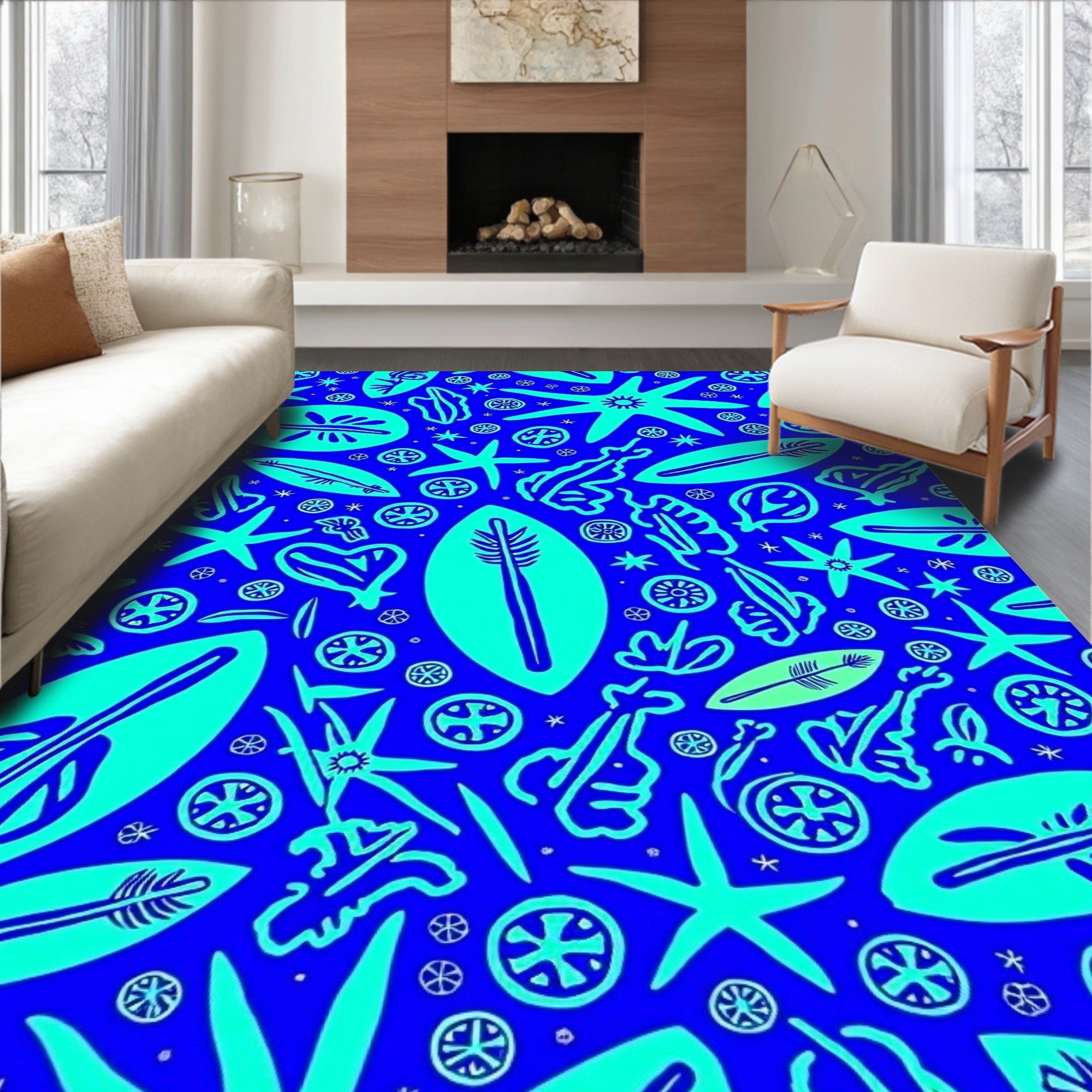 Vibrant Aqua Ocean Life Collage Rug