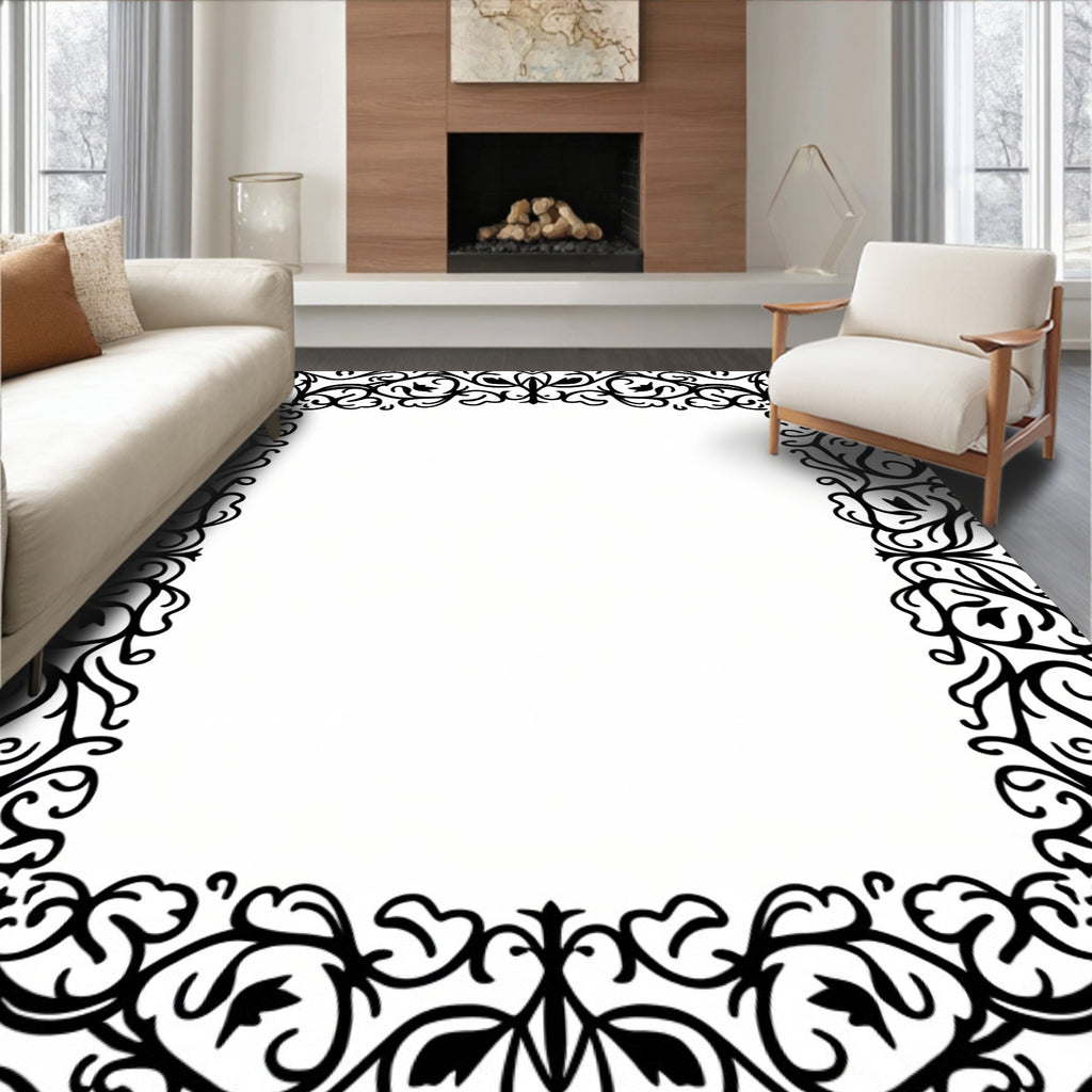 Black Floral Scrollwork Frame Rug