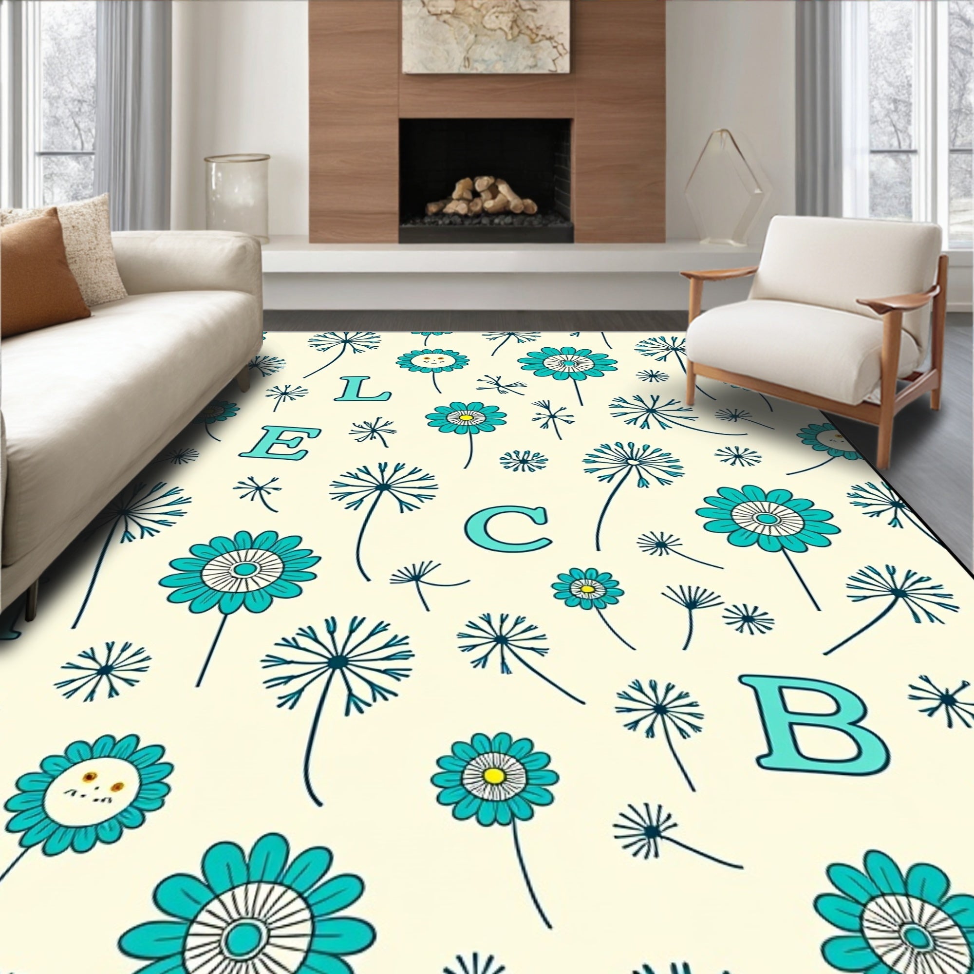 Teal Flowers With Floating Letters Rug