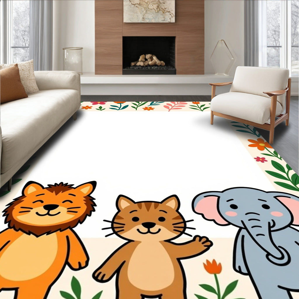 Whimsical Garden Animals Floral Frame Rug