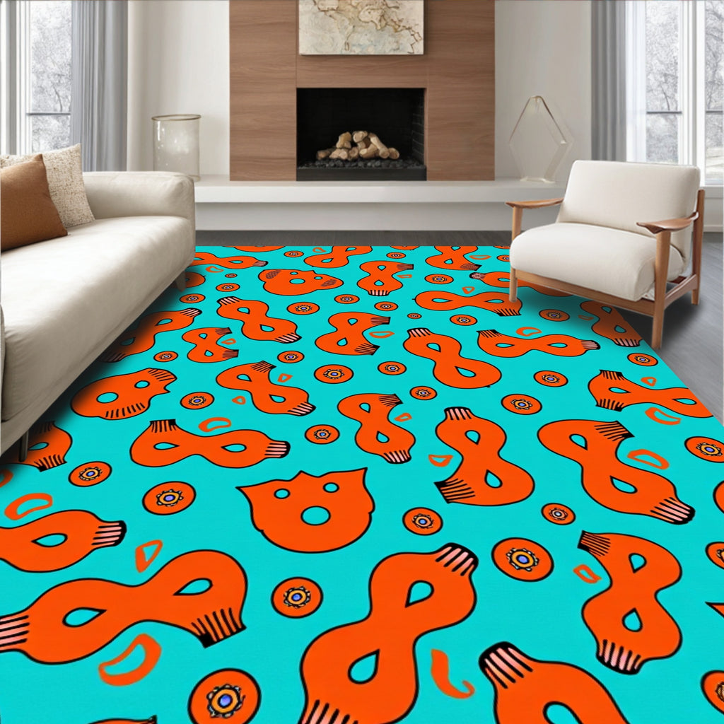 Aqua Orange Abstract Figure Medallion Collage Rug