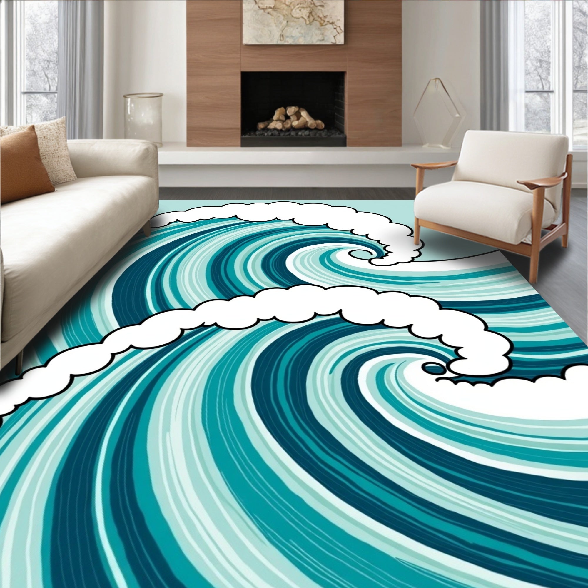 Turquoise White Swirling Ocean Wave Rug