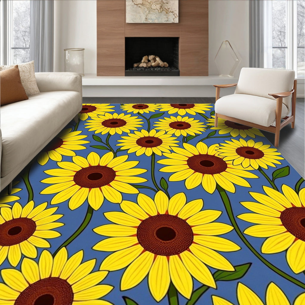 Golden Yellow Sunflowers Blue Field Rug