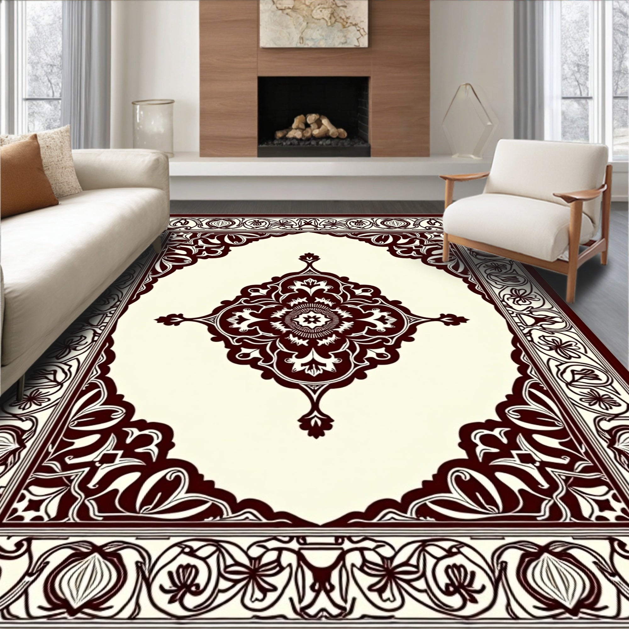 Deep Red Ornamental Centerpiece Arabesque Rug