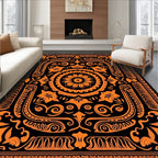Vibrant Orange Floral Medallion Black Rug