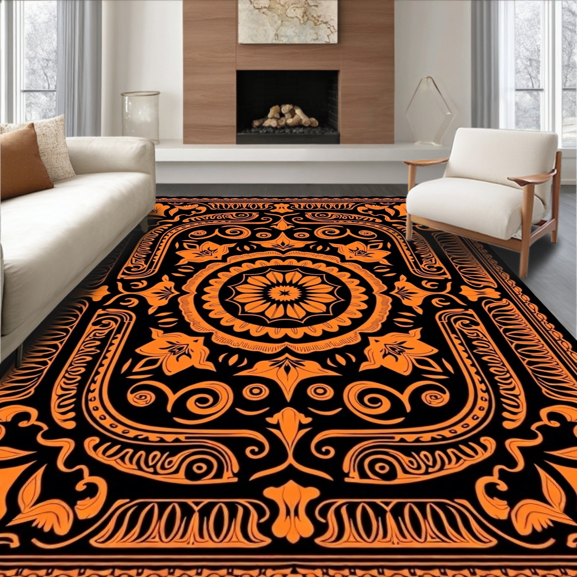Vibrant Orange Floral Medallion Black Rug