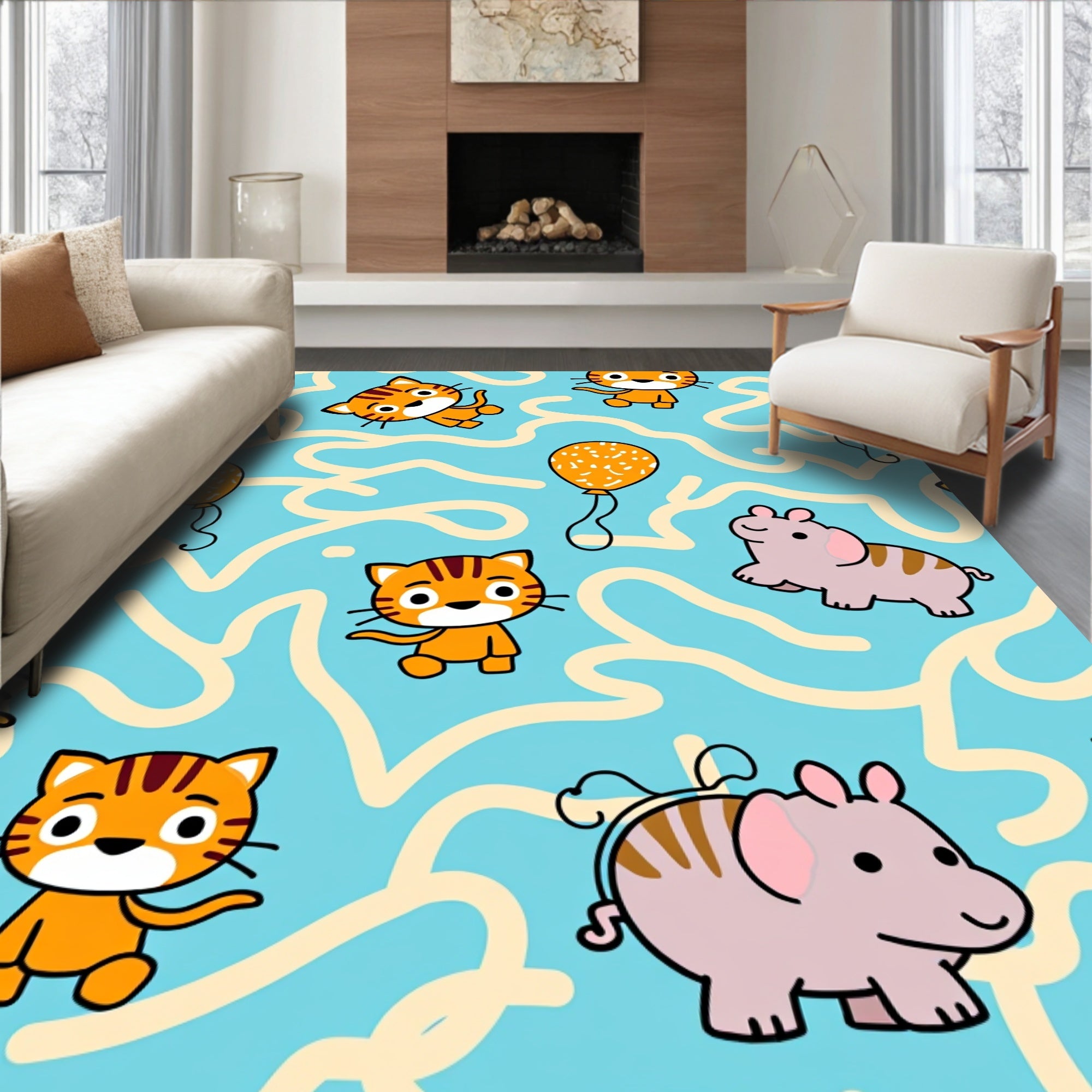Cute Tigers Elephants Orange Balloons Rug