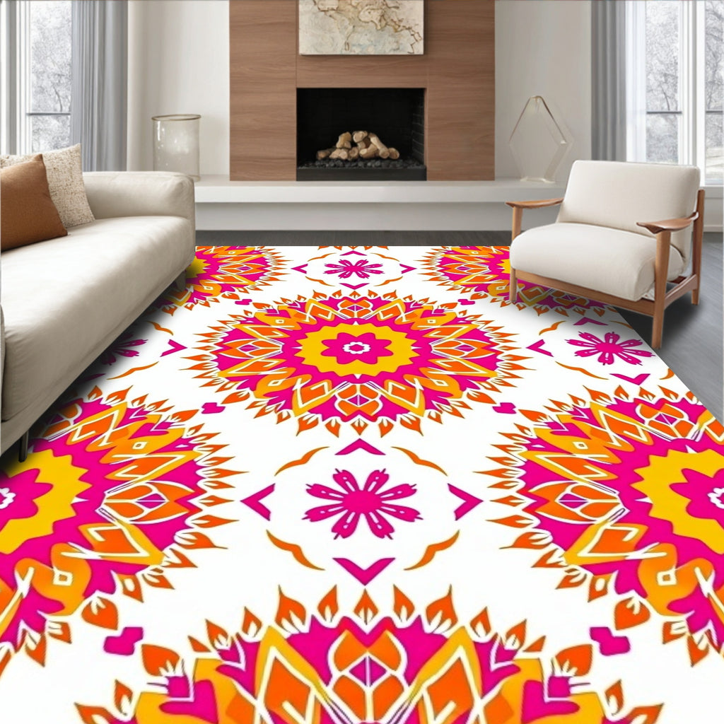 Vibrant Pink Yellow Sunburst Mandala Rug