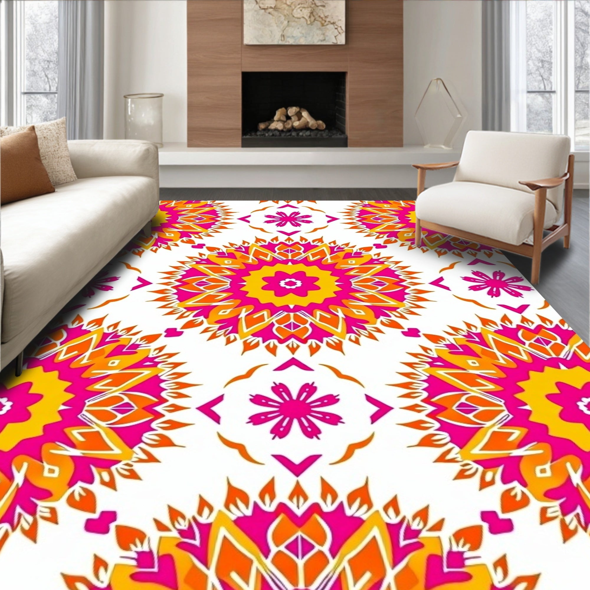 Vibrant Pink Yellow Sunburst Mandala Rug