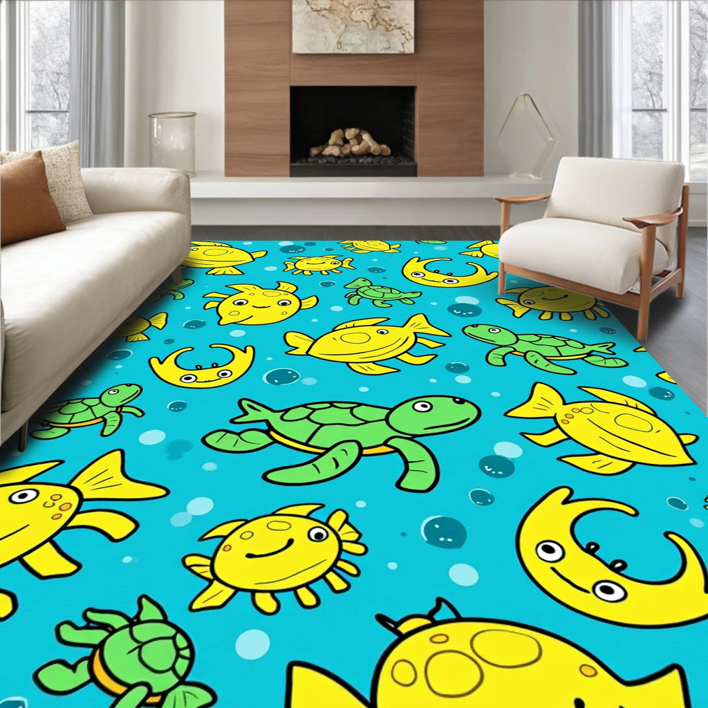 Yellow Fish Green Turtles Blue Ocean Rug