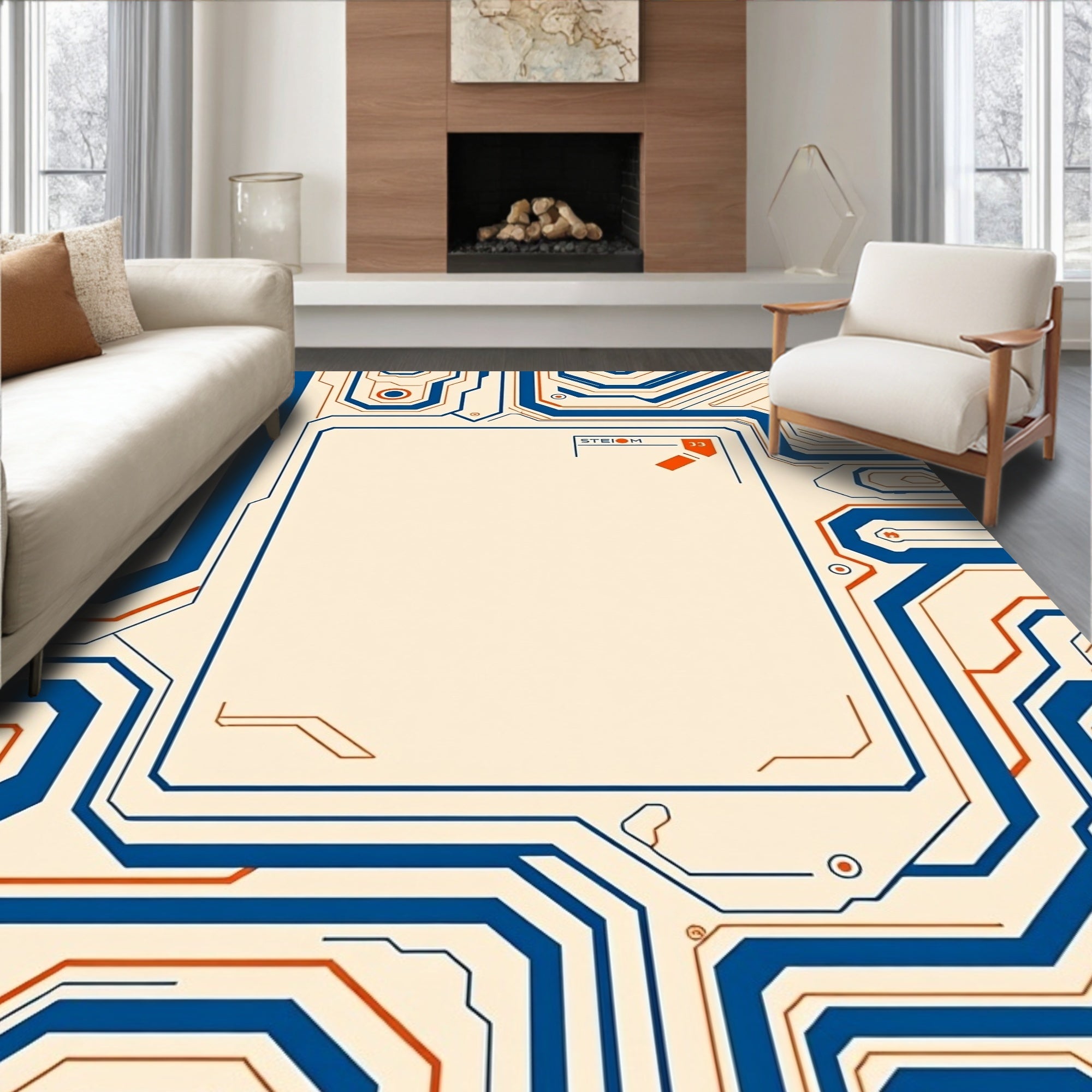 Futuristic Blue Orange Circuit Board Rug