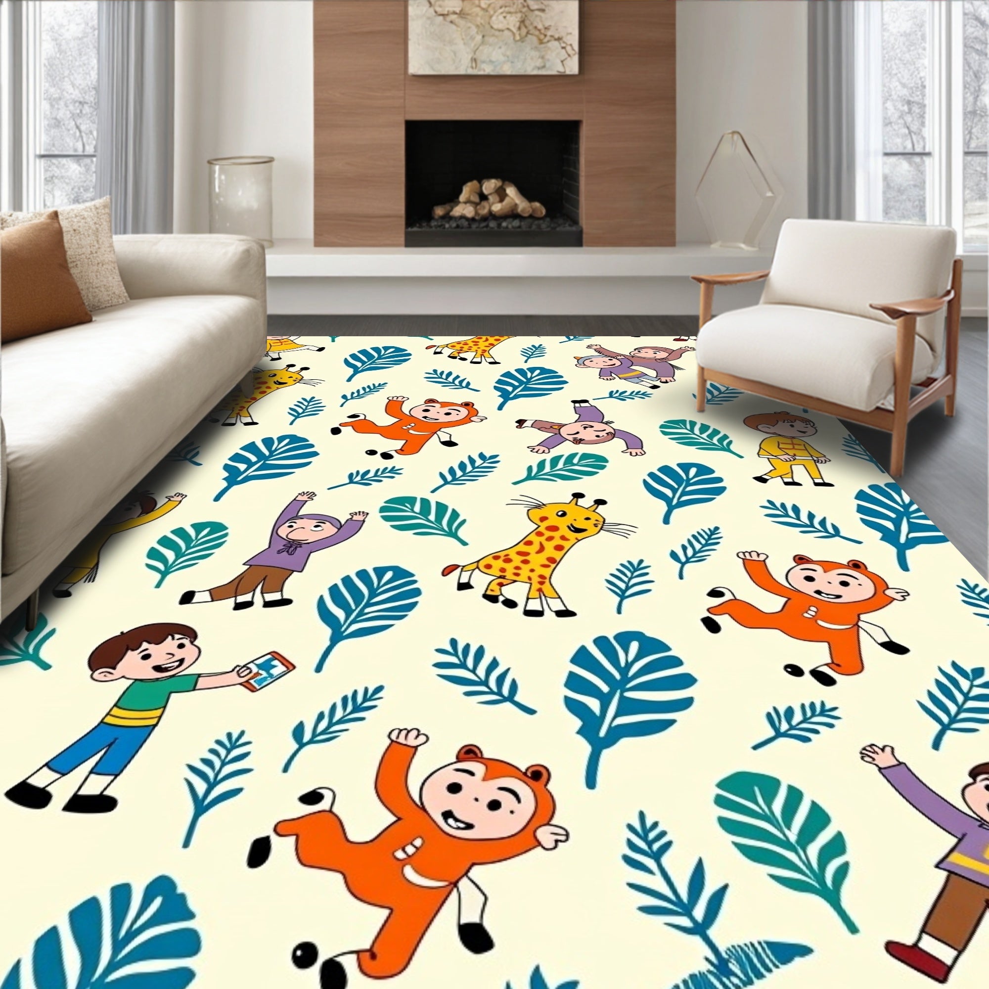 Whimsical Children and Giraffe Jungle Rug