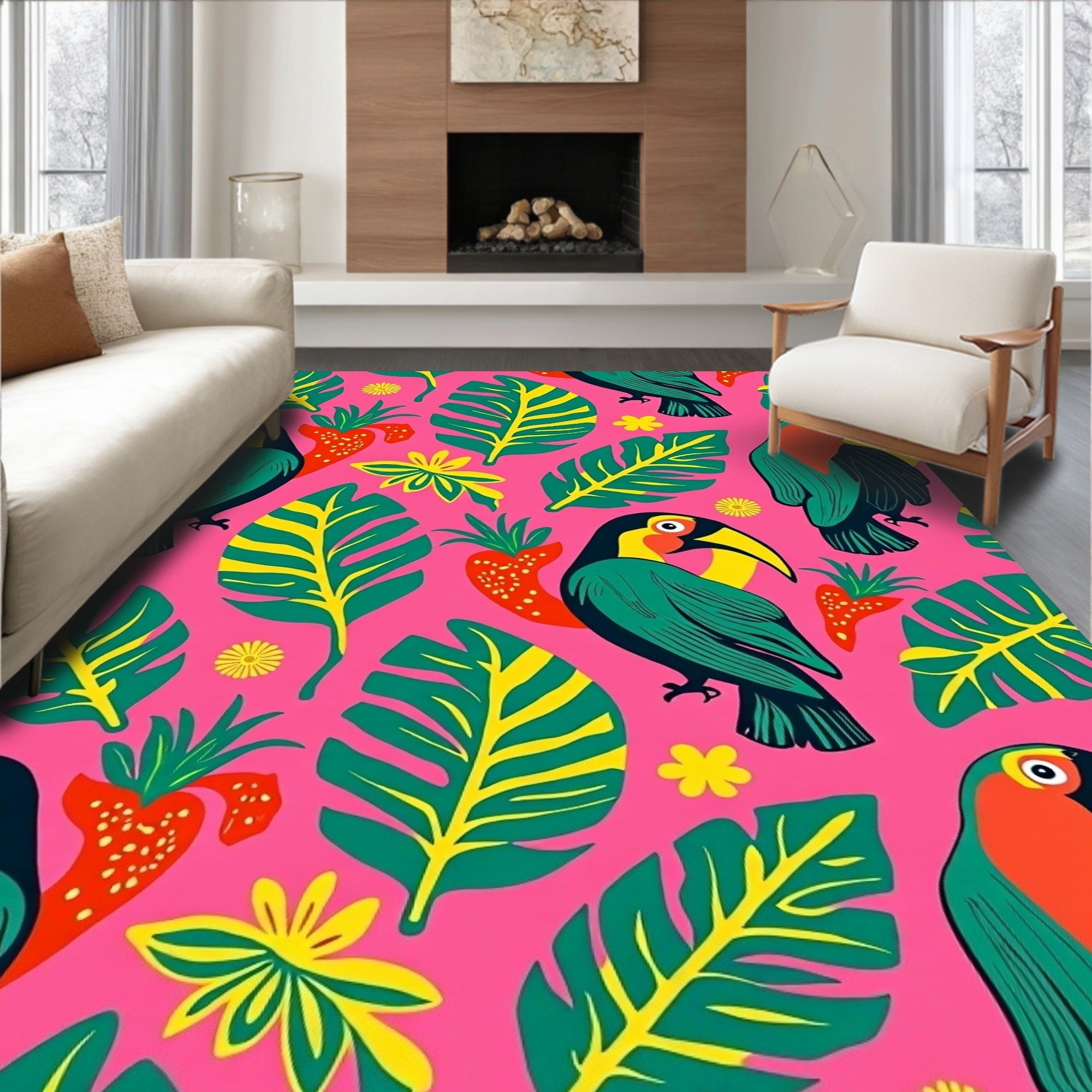 Vibrant Toucan Tropical Leaves Rug
