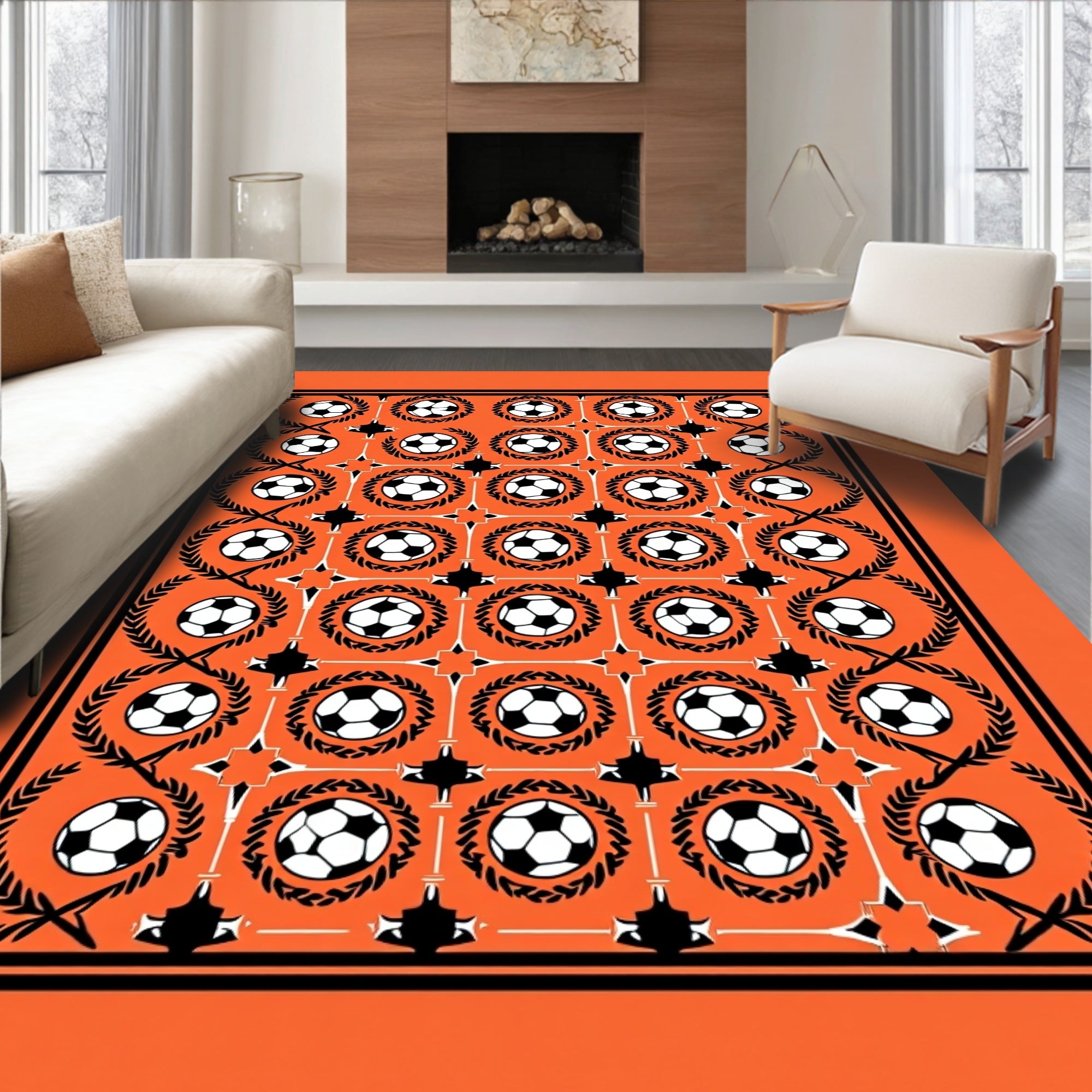 Orange Black Football Medallion Arrangement Rug