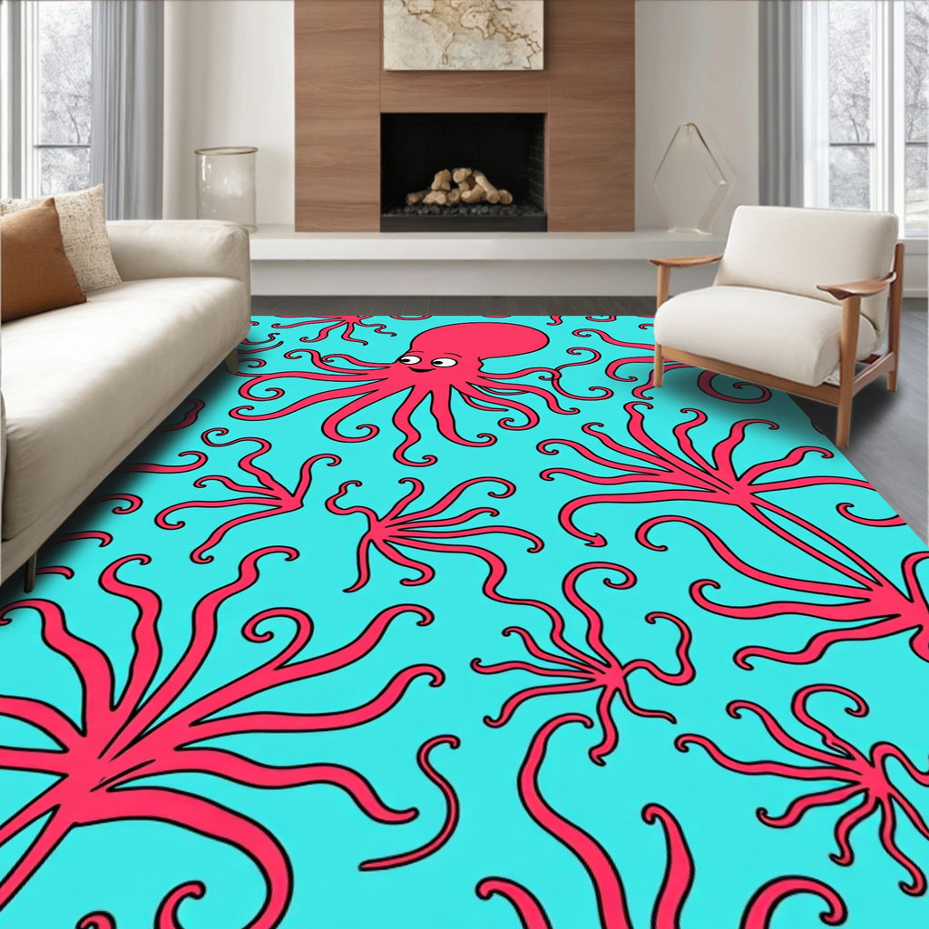 Coral Pink Octopus Aquatic Waves Rug