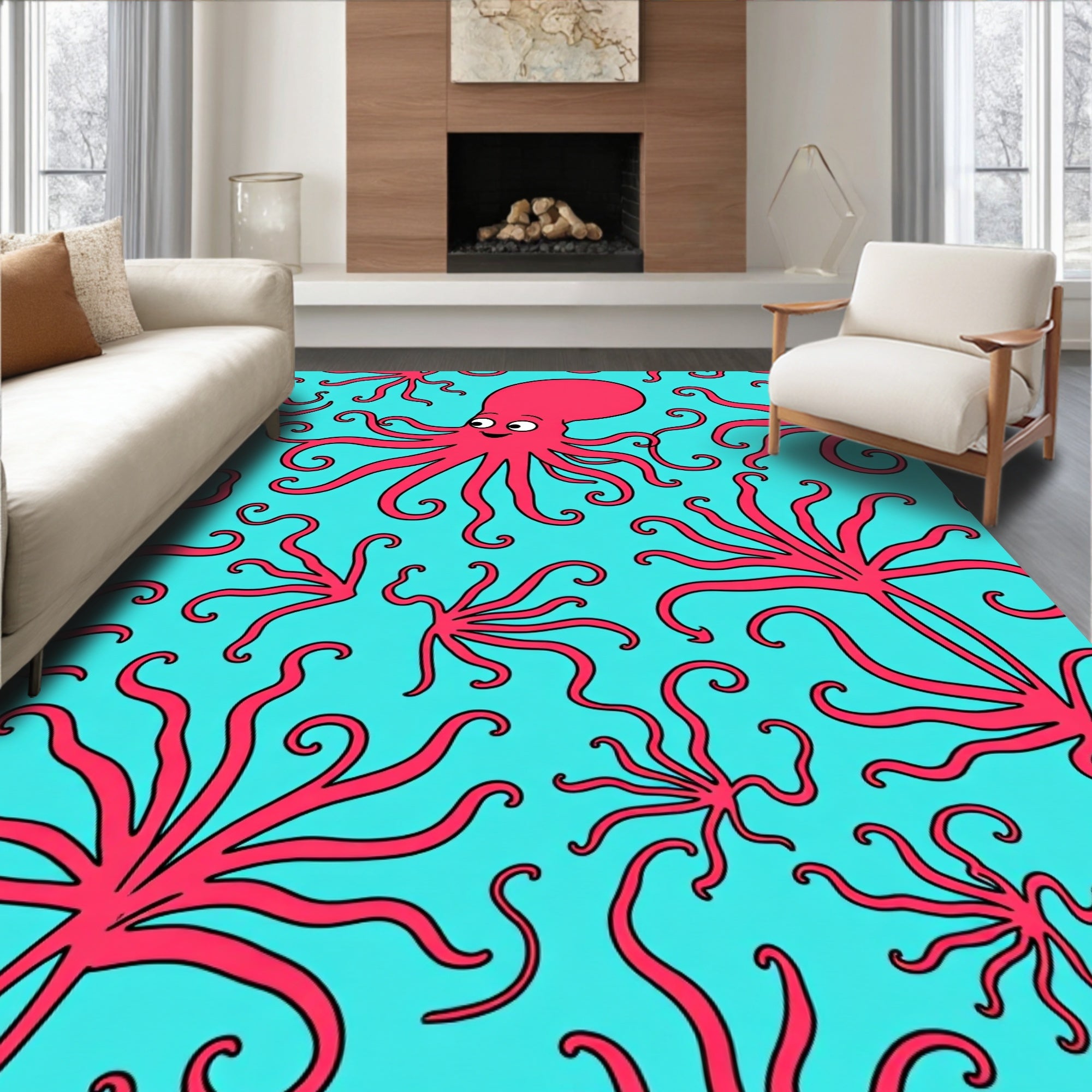 Coral Pink Octopus Aquatic Waves Rug