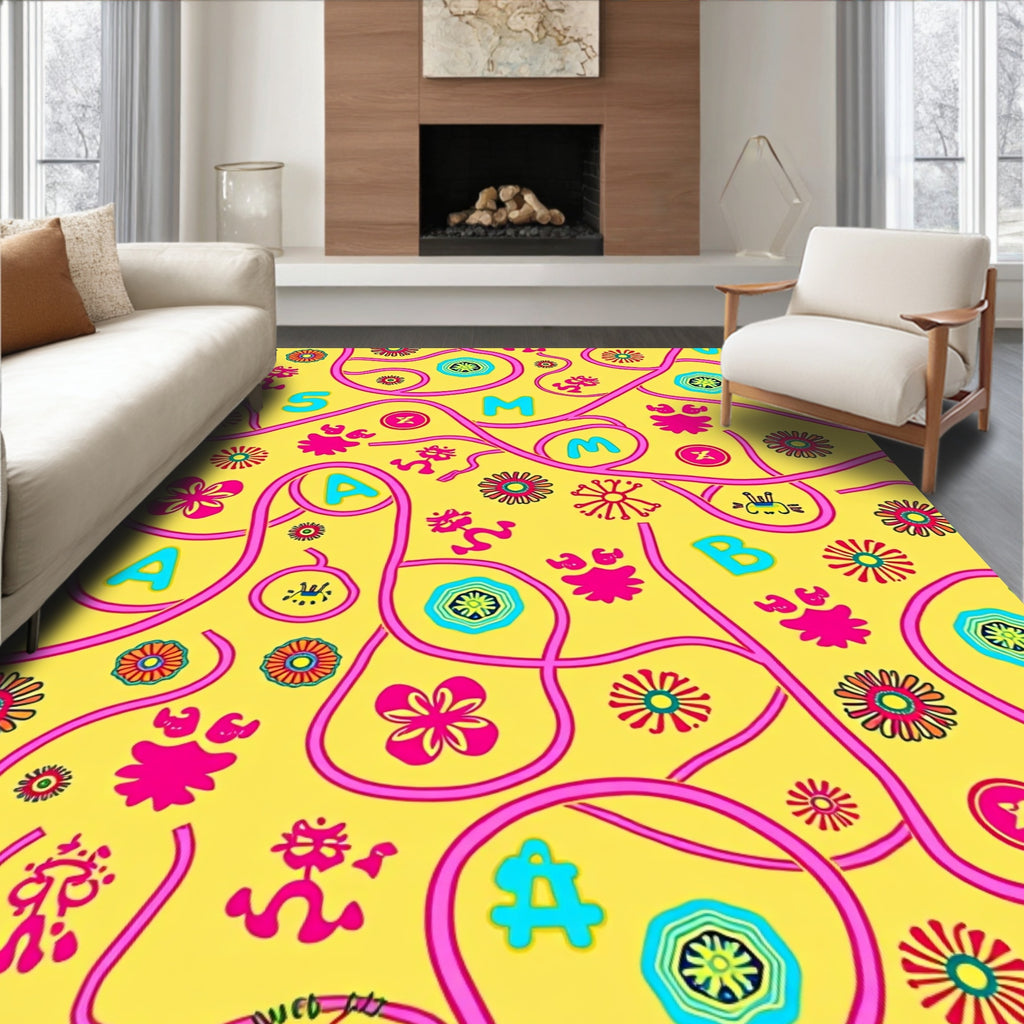Bright Yellow With Pink Abstract Figures Rug