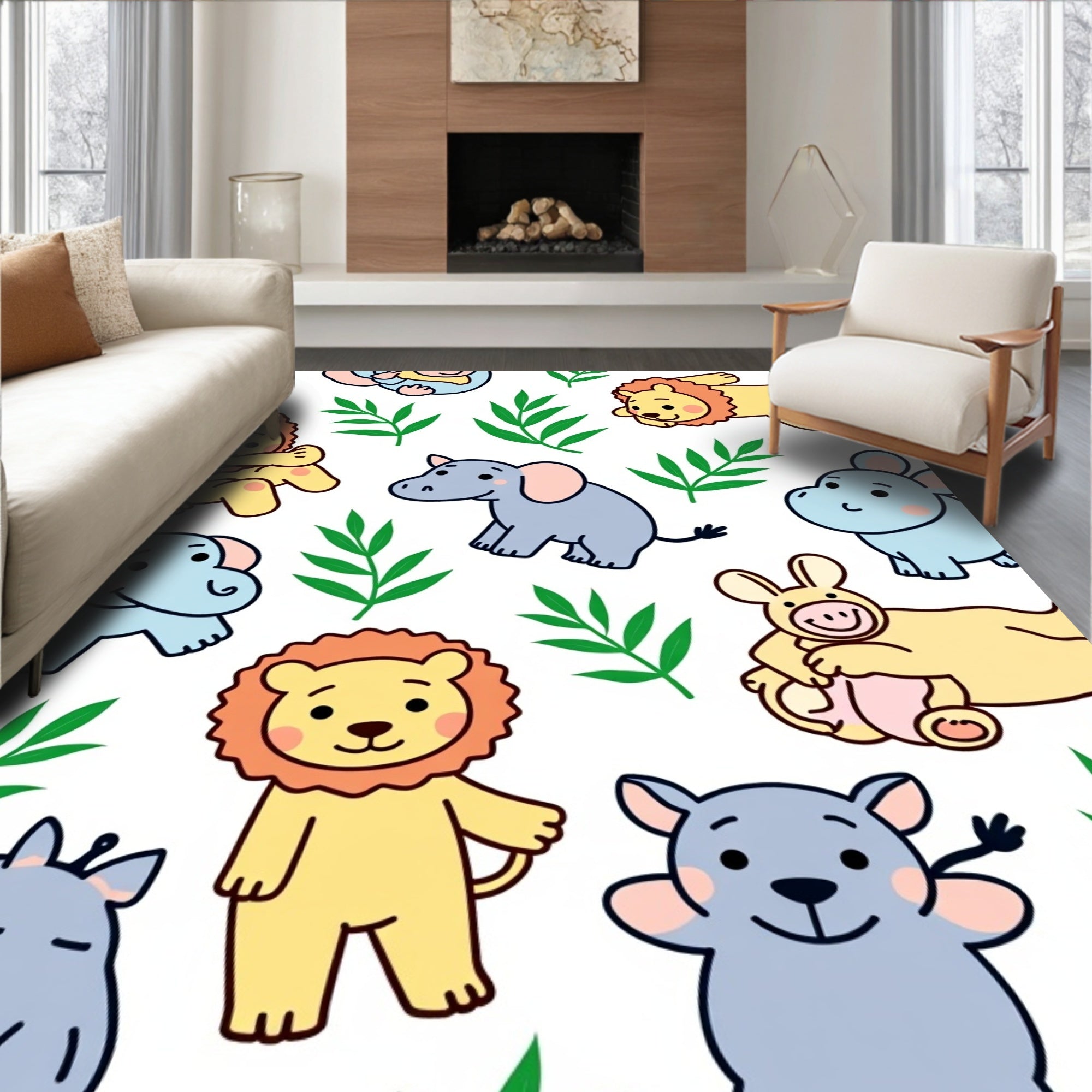 Jungle Animals Playful Yellow Blue Green Rug