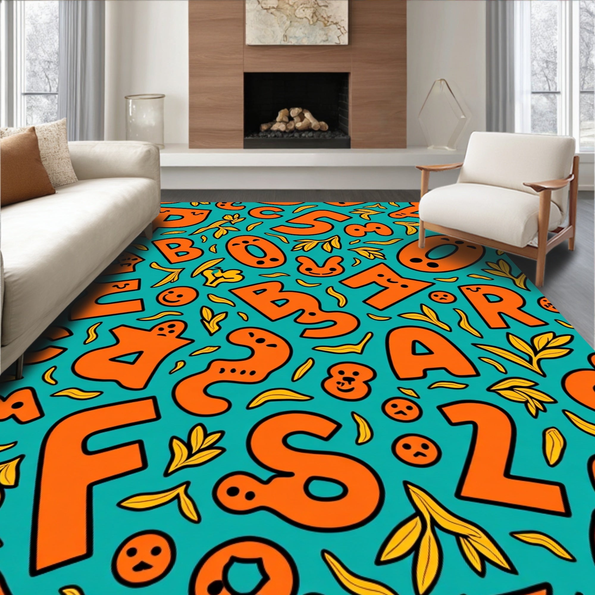 Playful Orange Alphabet Teal Collage Rug