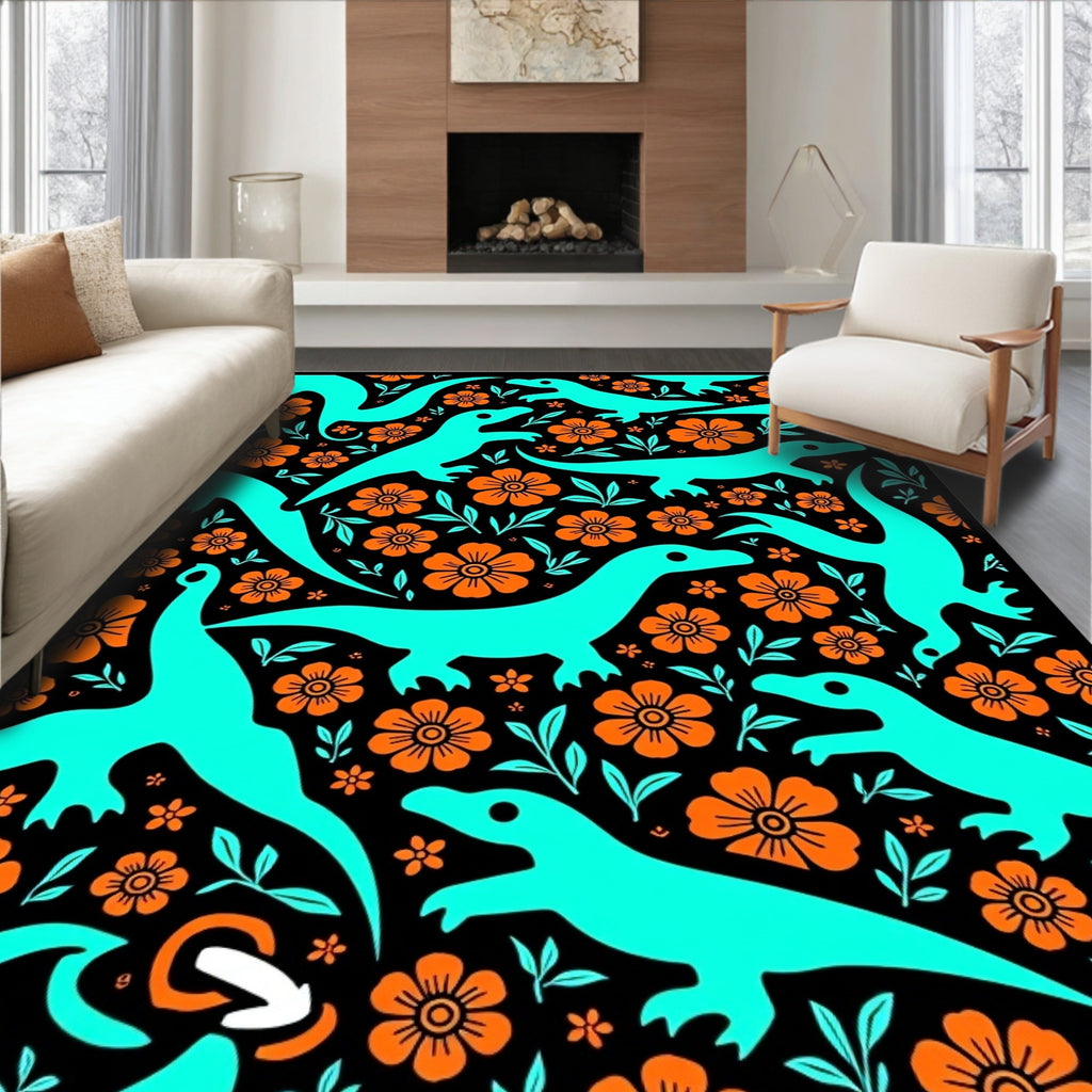 Teal Dinosaur Orange Blossom Garden Rug