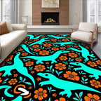 Teal Dinosaur Orange Blossom Garden Rug