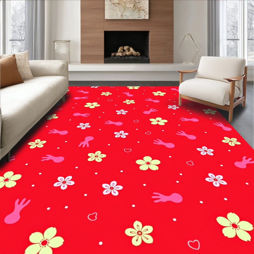 Red Floral Hearts Playful Figures Rug