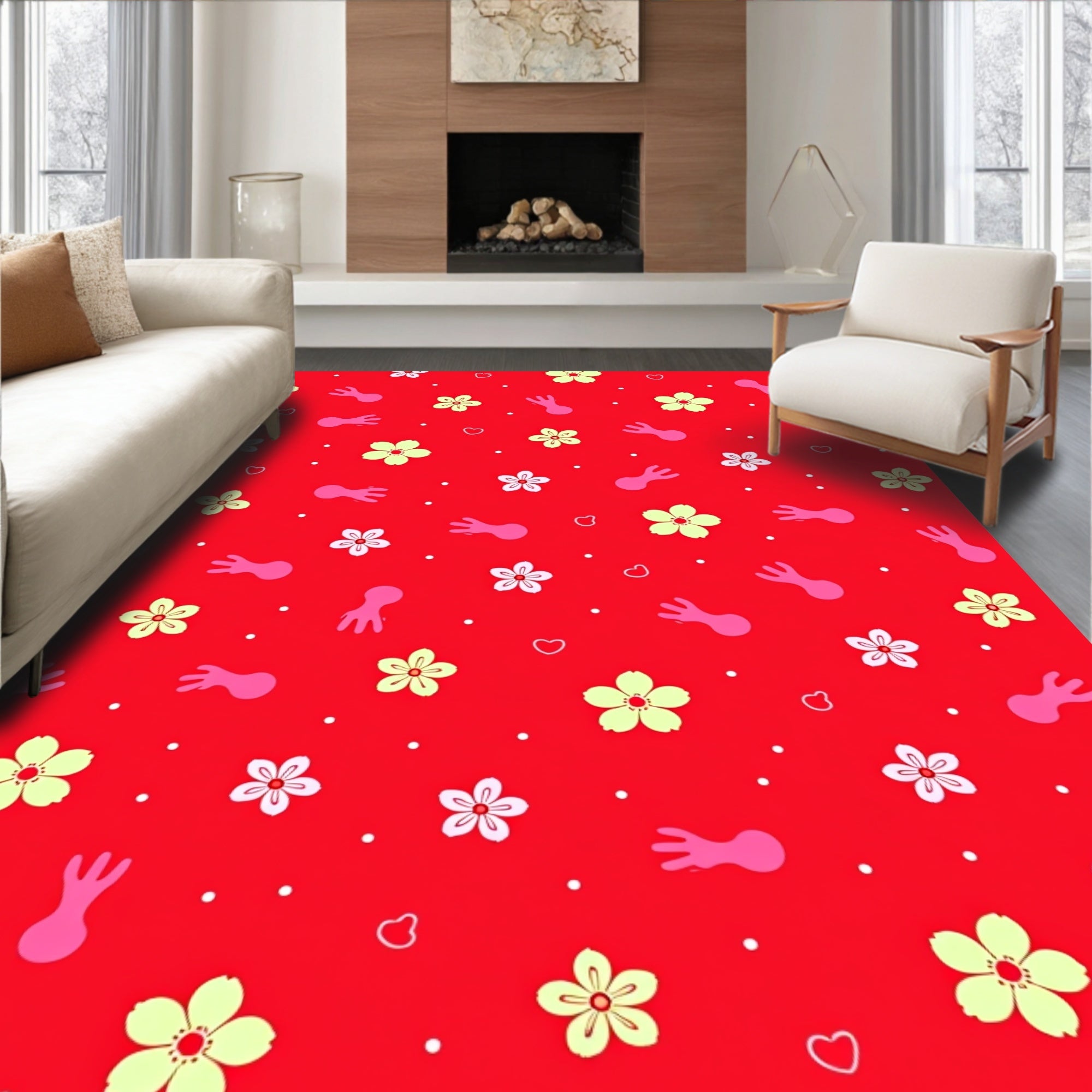 Red Floral Hearts Playful Figures Rug