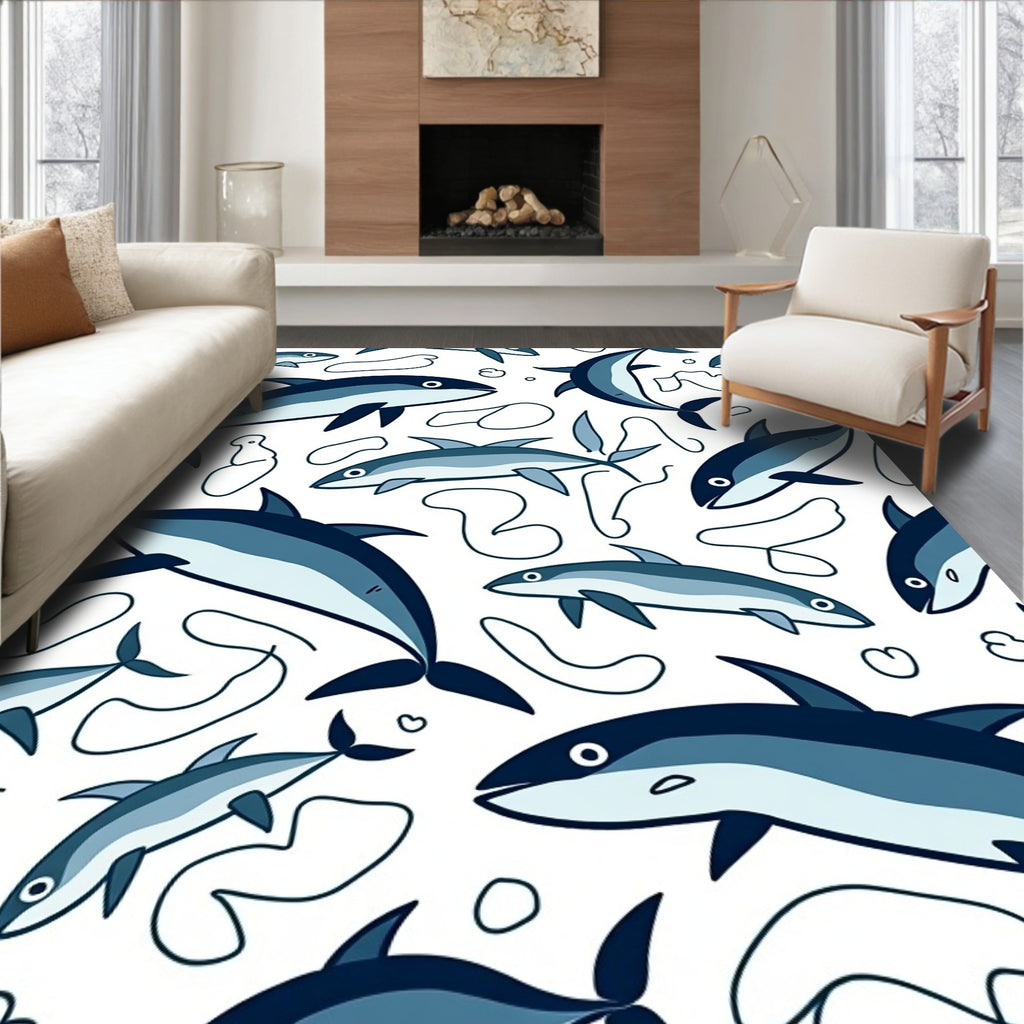 Playful Blue Dolphin Abstract Swirls Rug
