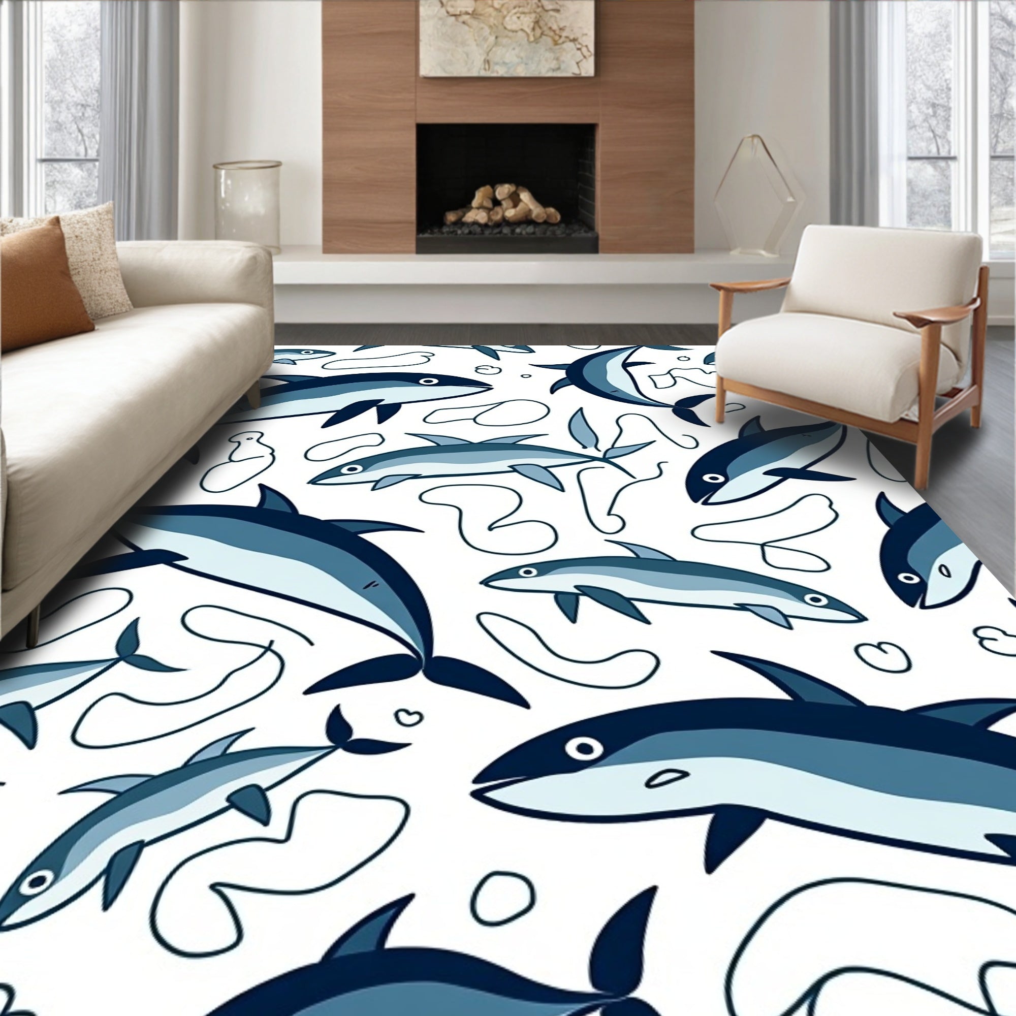 Playful Blue Dolphin Abstract Swirls Rug