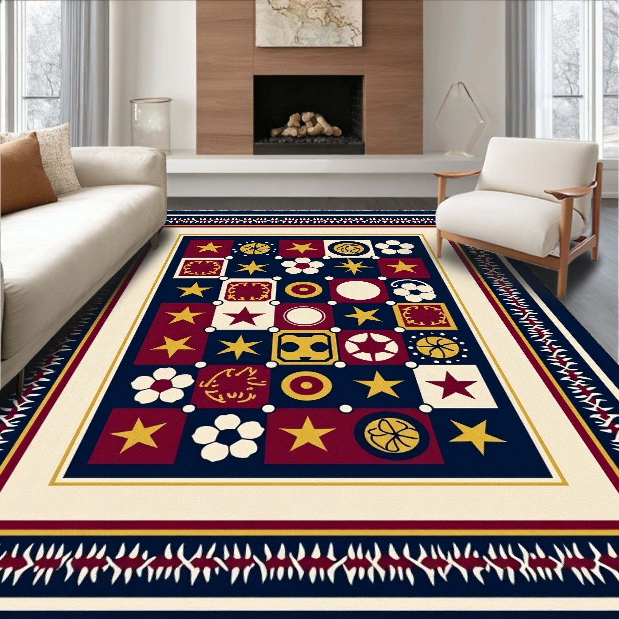 Navy Red Gold Star Flower Medallion Rug