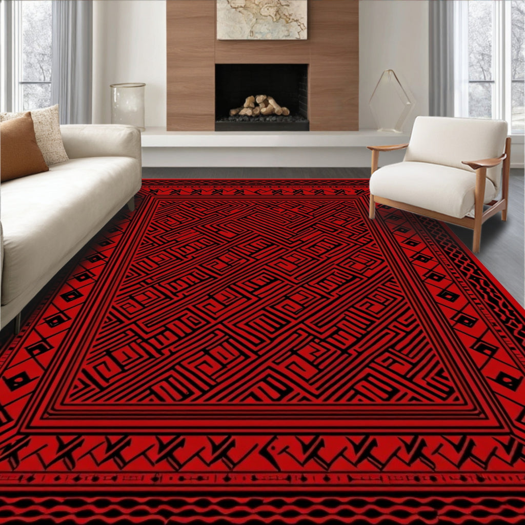 Bold Scarlet Maze Pattern Rug