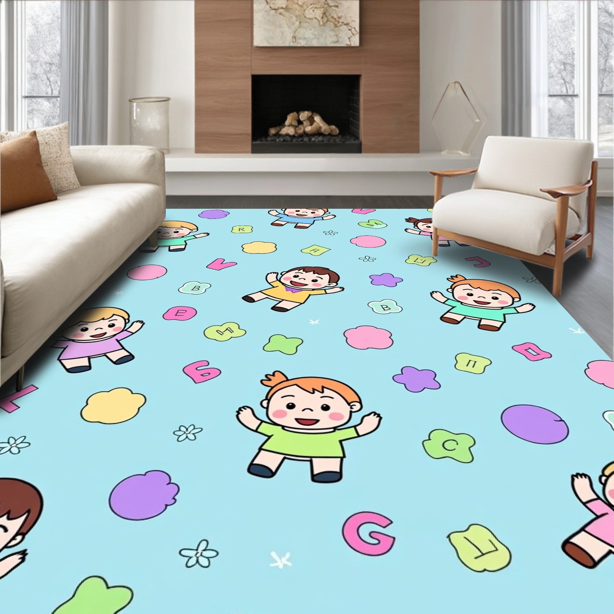 Playful Children Alphabet Blue Sky Rug