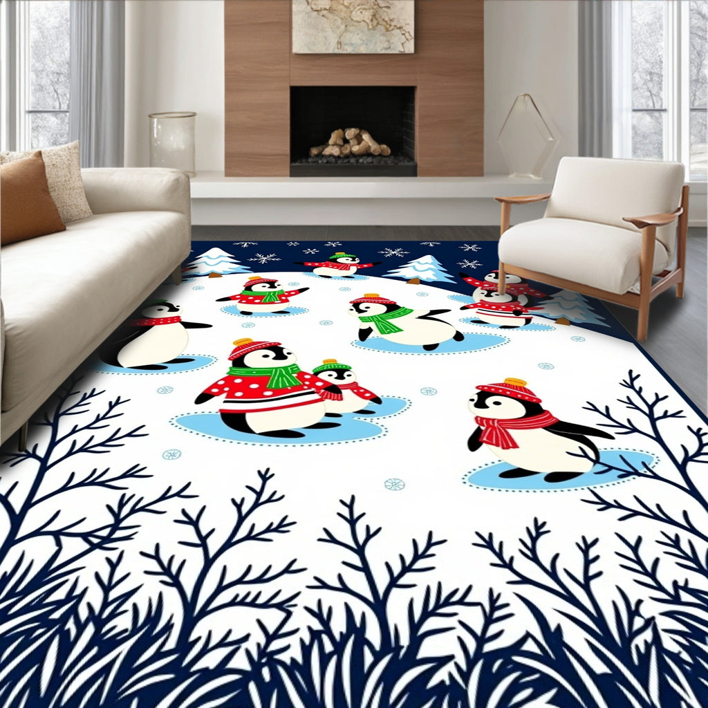 Charming Penguin Frolic Winter Scene Rug