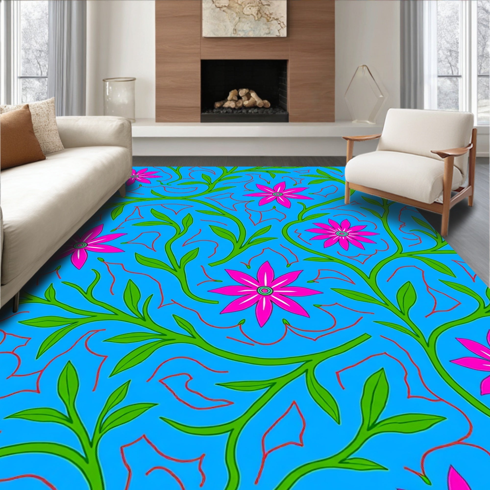 Bright Pink Floral Vine Nature Rug
