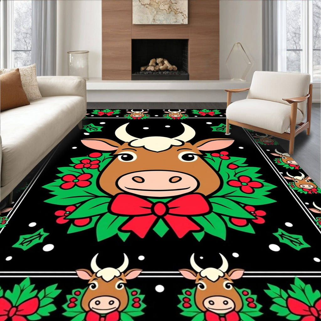 Cow Christmas Wreath Red Bow Holly Rug