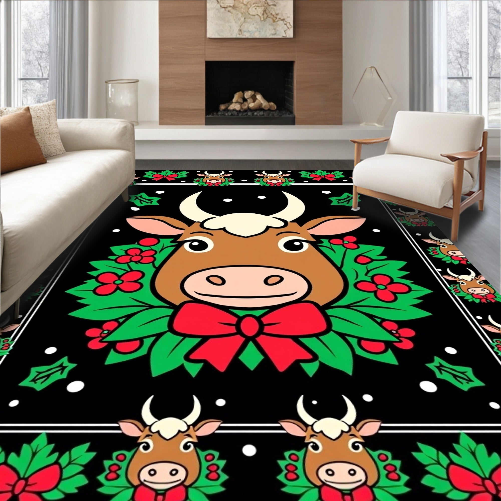 Cow Christmas Wreath Red Bow Holly Rug