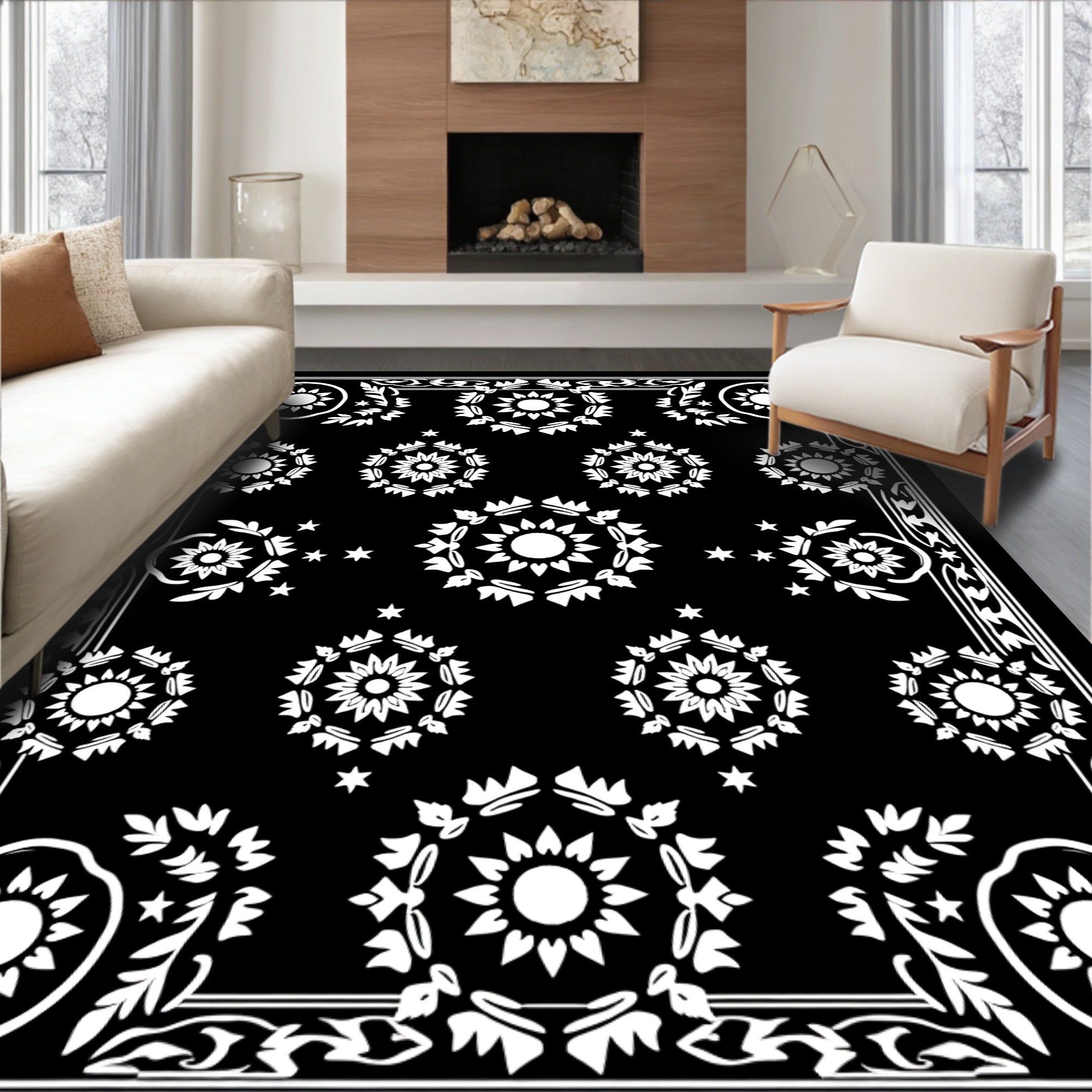 Monochromatic Starburst Floral Medallion Rug