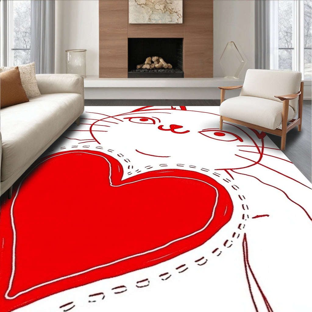 Whimsical Red Heart Cat Illustration Rug