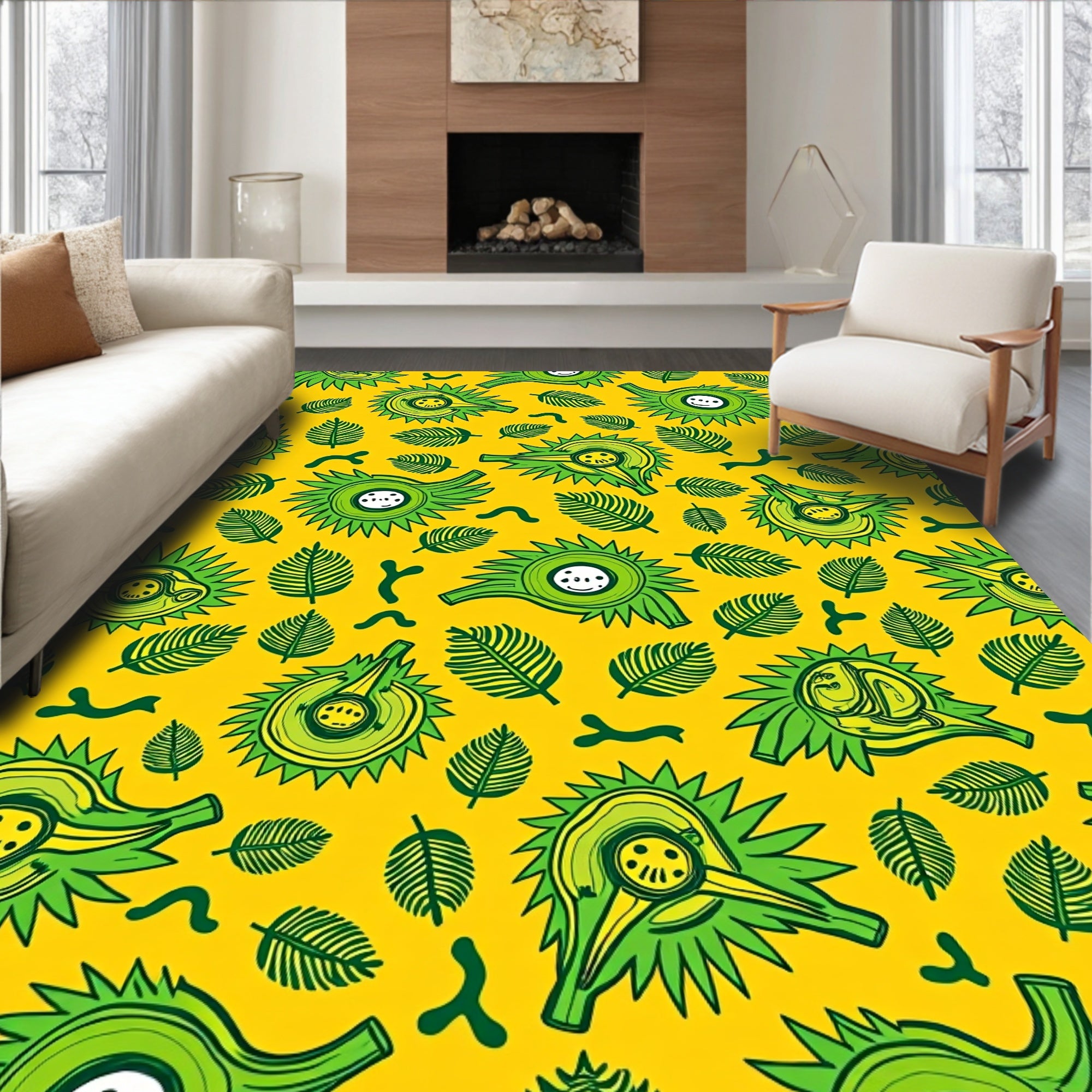 Green Spiky Fruit Yellow Leafy Background Rug