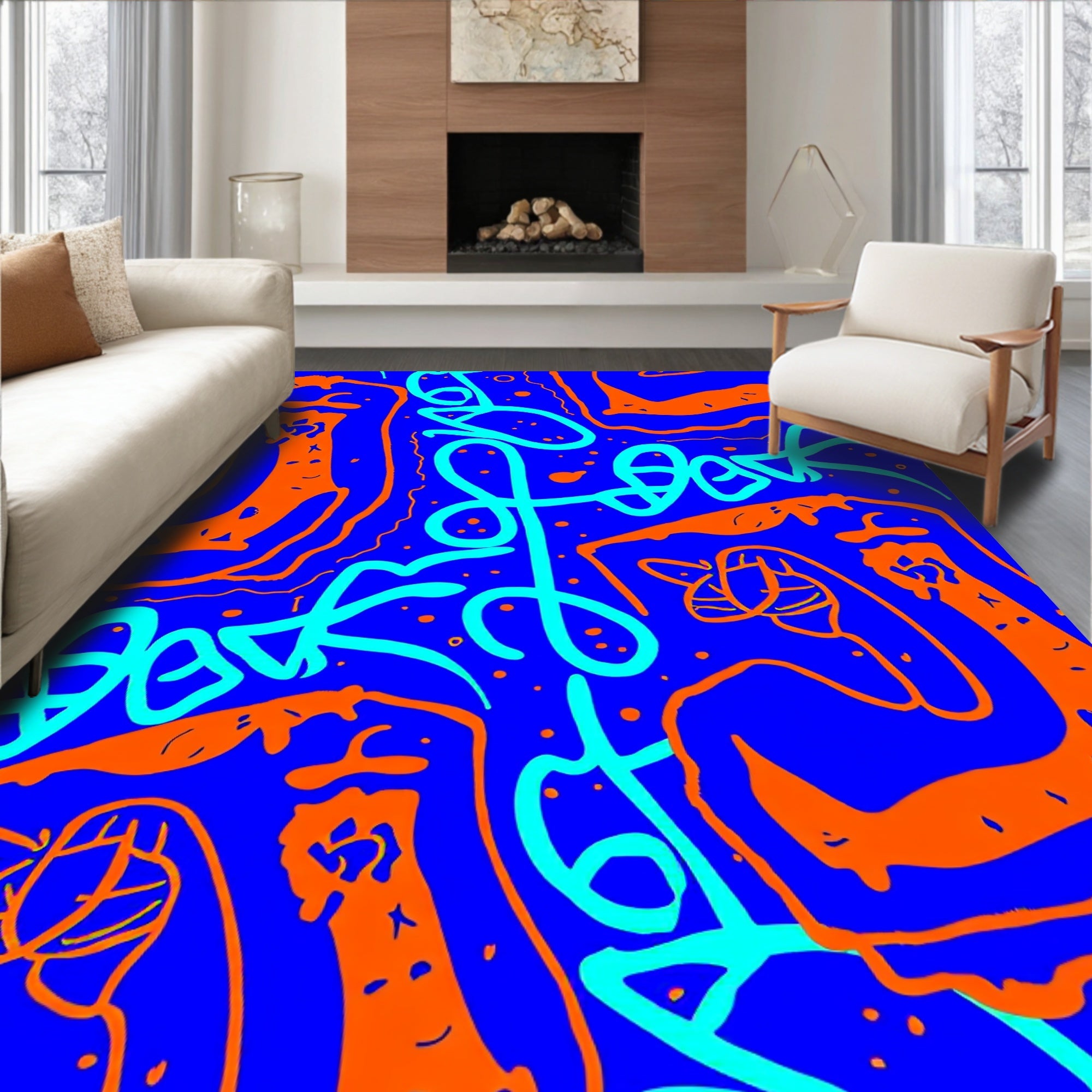Bright Blue Orange Abstract Doodle Rug