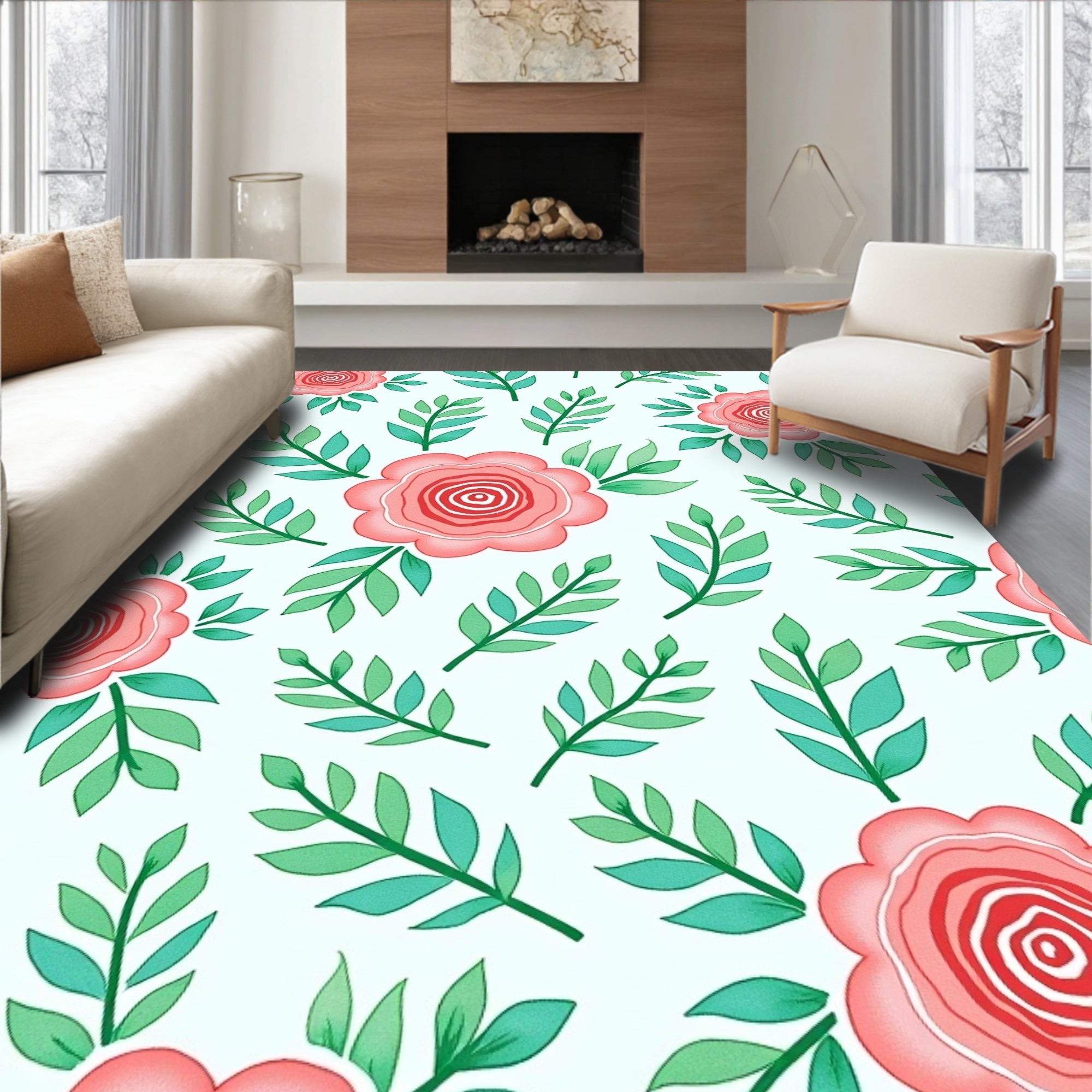 Coral Pink Rose Garden Branches Rug