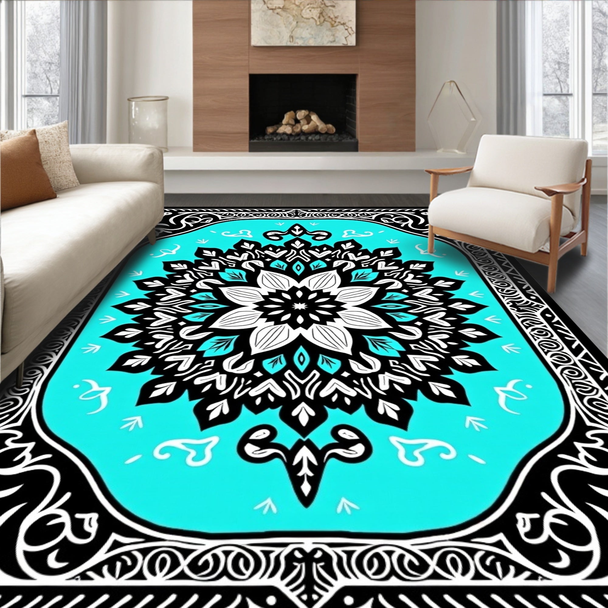 Vibrant Teal Floral Mandala Rug