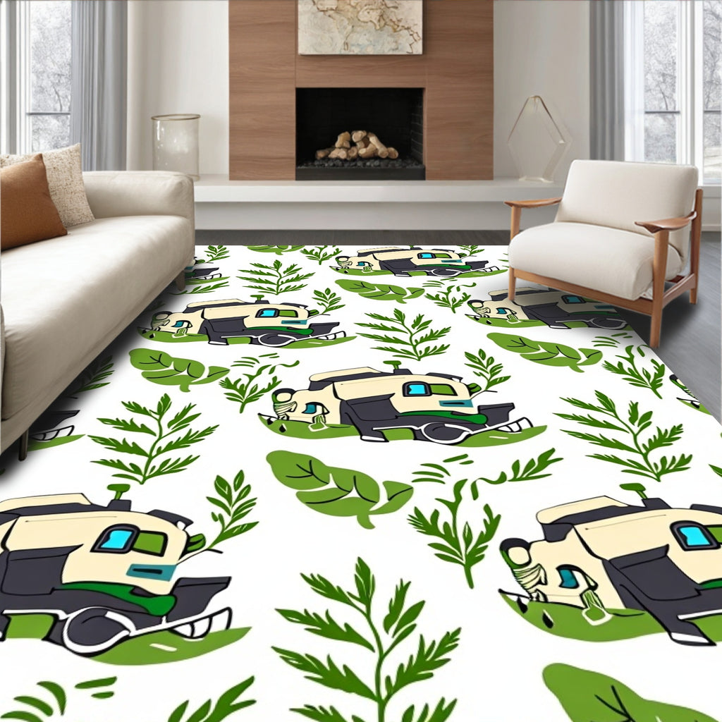 Futuristic Camper Van Green Foliage Art Rug
