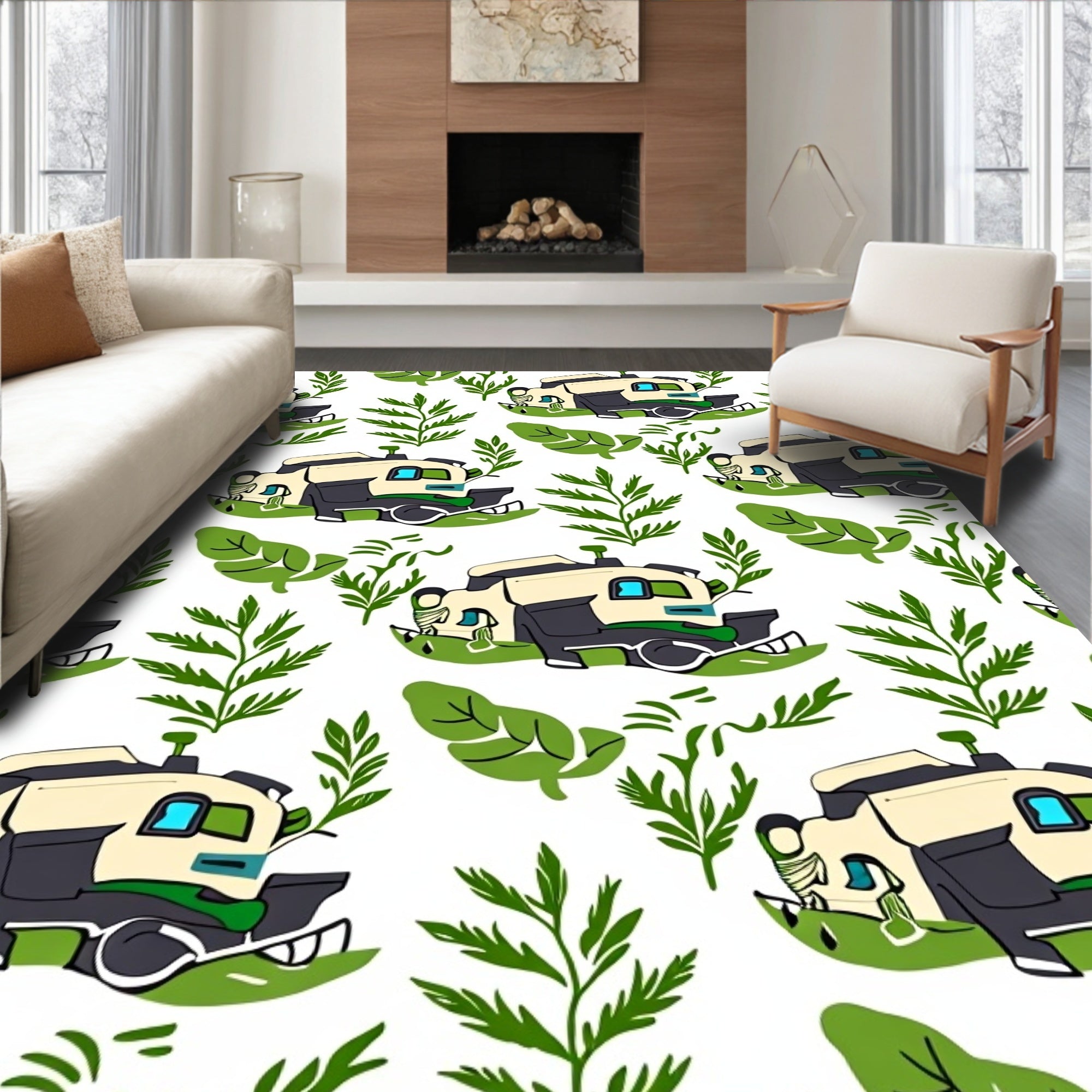 Futuristic Camper Van Green Foliage Art Rug